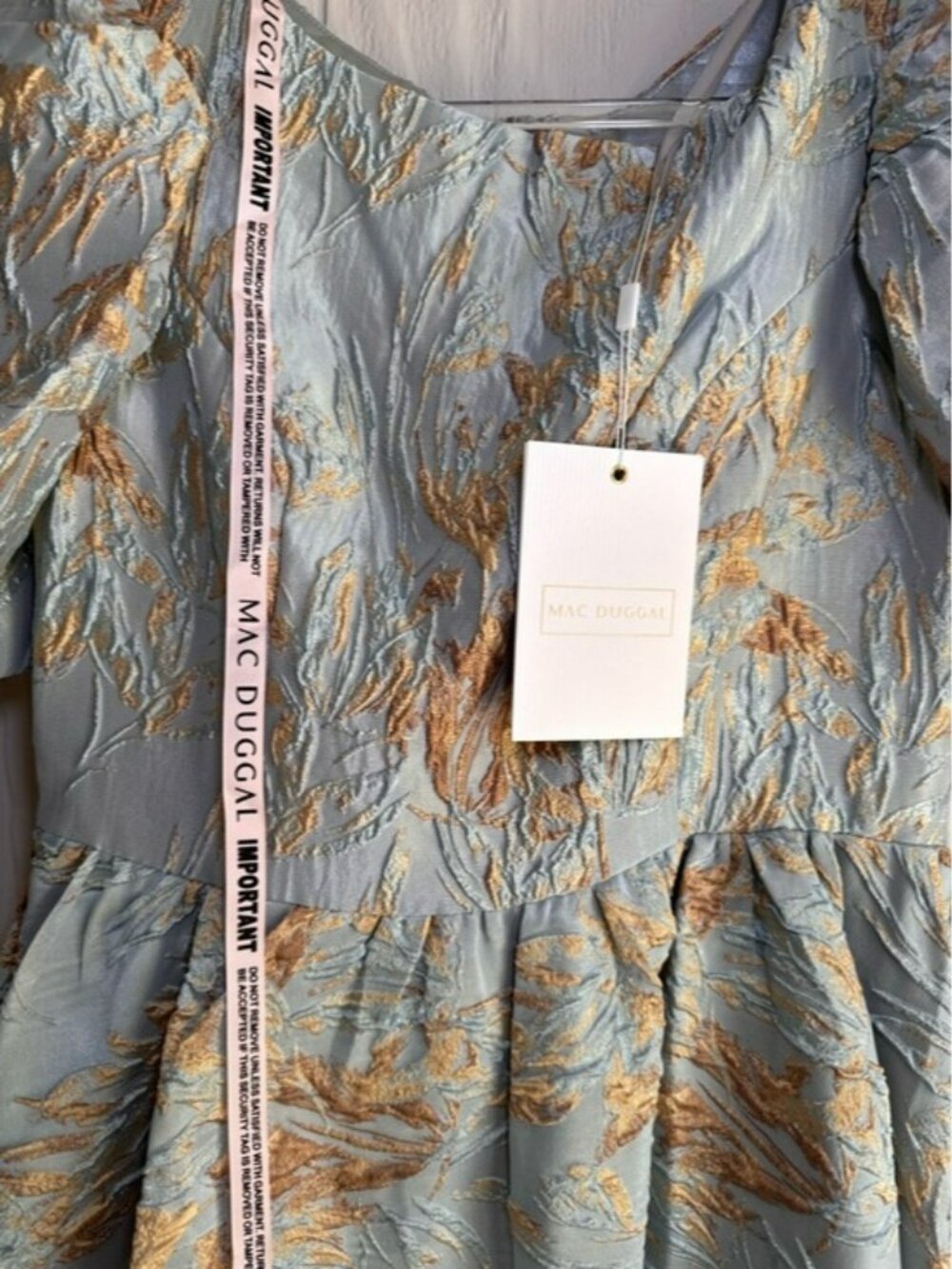 Mac Duggal Light Blue and Gold Puff-Sleeve High-Low Jacquard Gown #11608 Sz: 10 - Picture 12 of 12